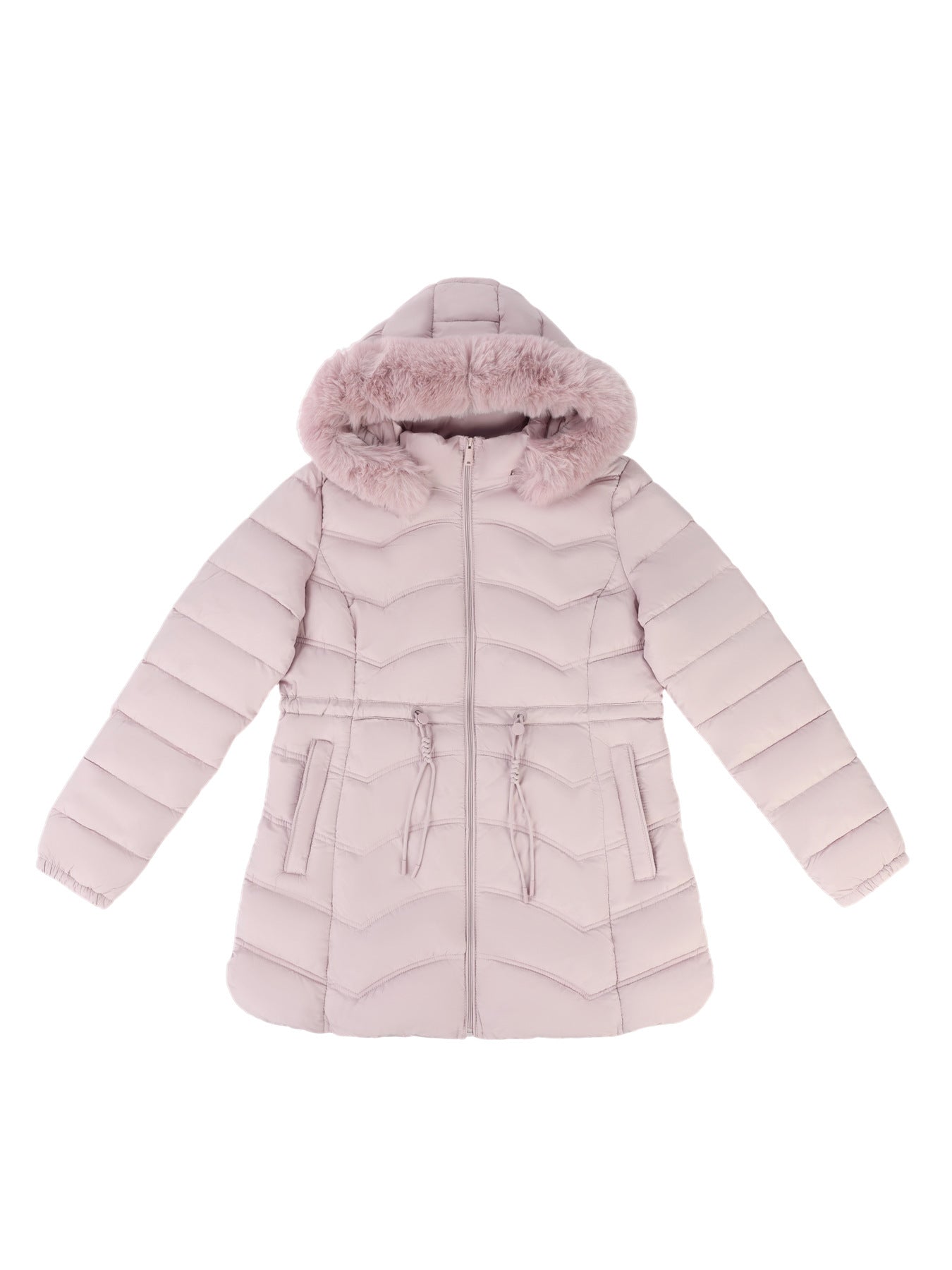 Women's Coat With Detachable Fur-trimmed Hood And A Cinched Waist For A Slimming Fit