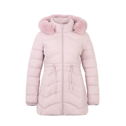 Women's Coat With Detachable Fur-trimmed Hood And A Cinched Waist For A Slimming Fit
