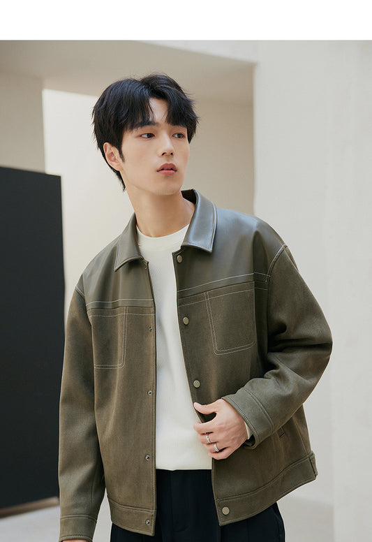 PU Leather Jacket Casual Pu Handsome Men's Clothing Loose Top Coat