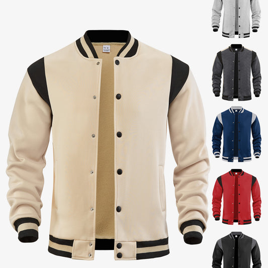 Casual Sporty High-street Fleece-lined Cardigan With Patchwork Design And Stand-up Collaraviator Baseball Jacket