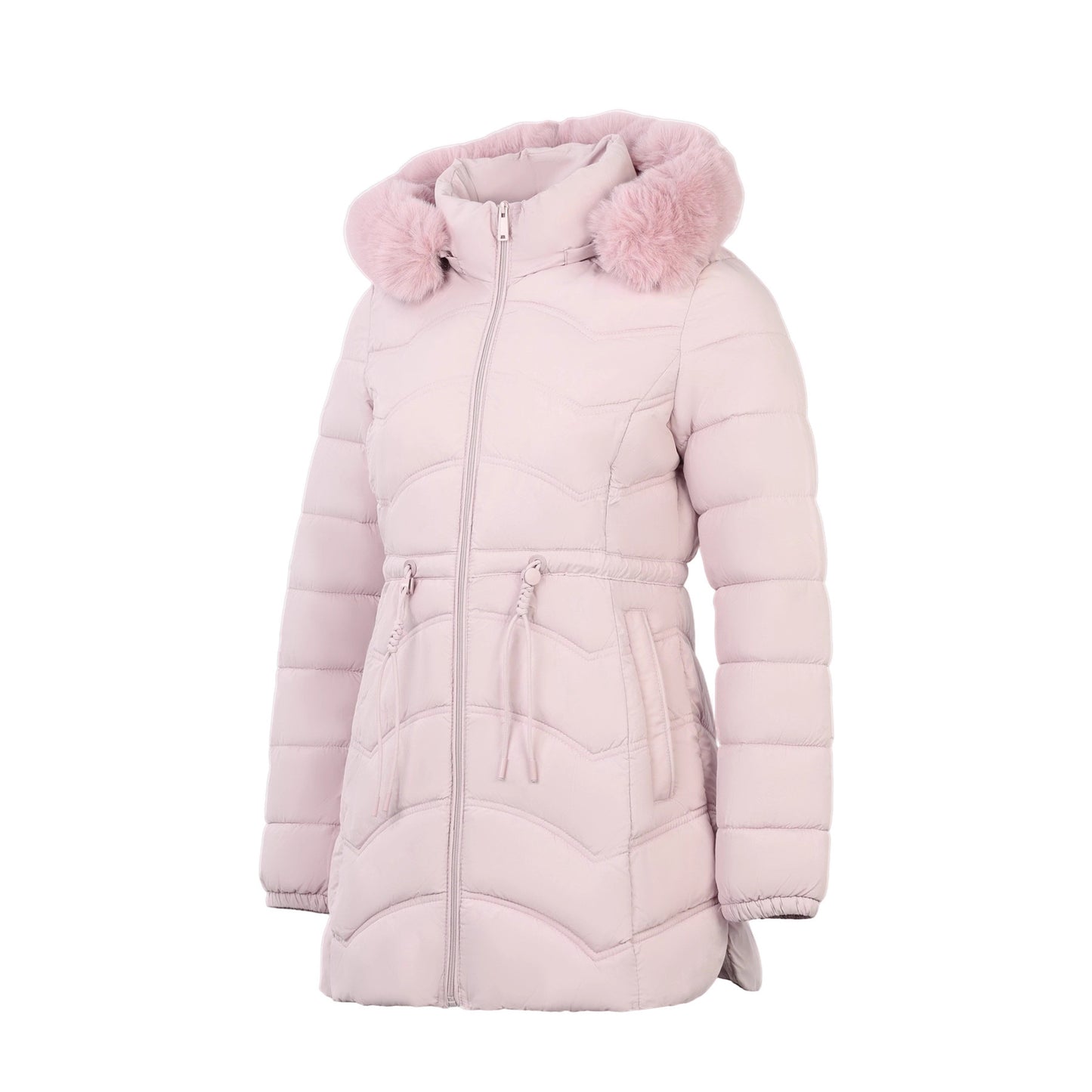 Women's Coat With Detachable Fur-trimmed Hood And A Cinched Waist For A Slimming Fit