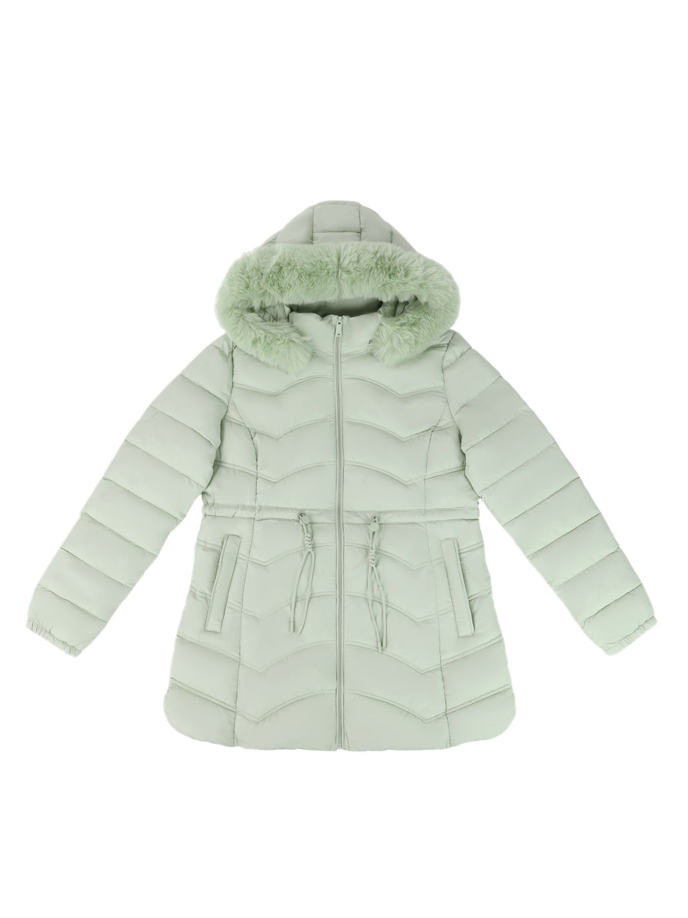 Women's Coat With Detachable Fur-trimmed Hood And A Cinched Waist For A Slimming Fit