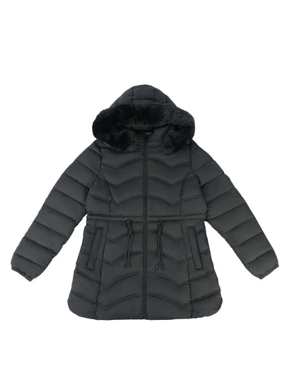 Women's Coat With Detachable Fur-trimmed Hood And A Cinched Waist For A Slimming Fit