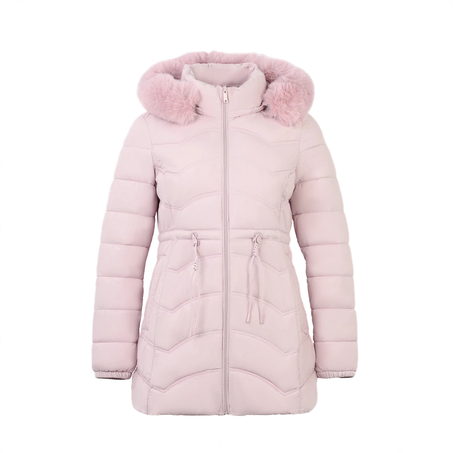 Women's Coat With Detachable Fur-trimmed Hood And A Cinched Waist For A Slimming Fit