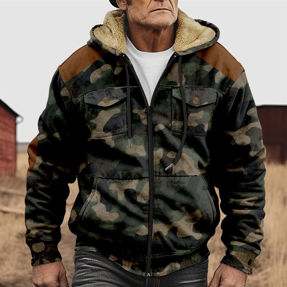 British-style Abstract Fashion Fleece-lined Cotton Coat With Hood And Zipper