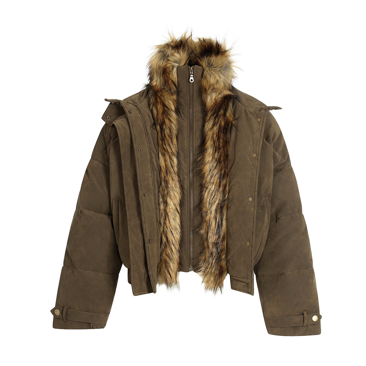 Men's Zhu Shan Diao PU Leather Jacket Puffer Jacket Fur-collar Coat Faux Two-piece Cotton