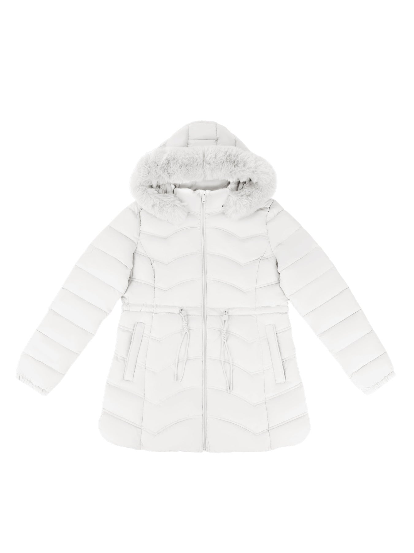 Women's Coat With Detachable Fur-trimmed Hood And A Cinched Waist For A Slimming Fit