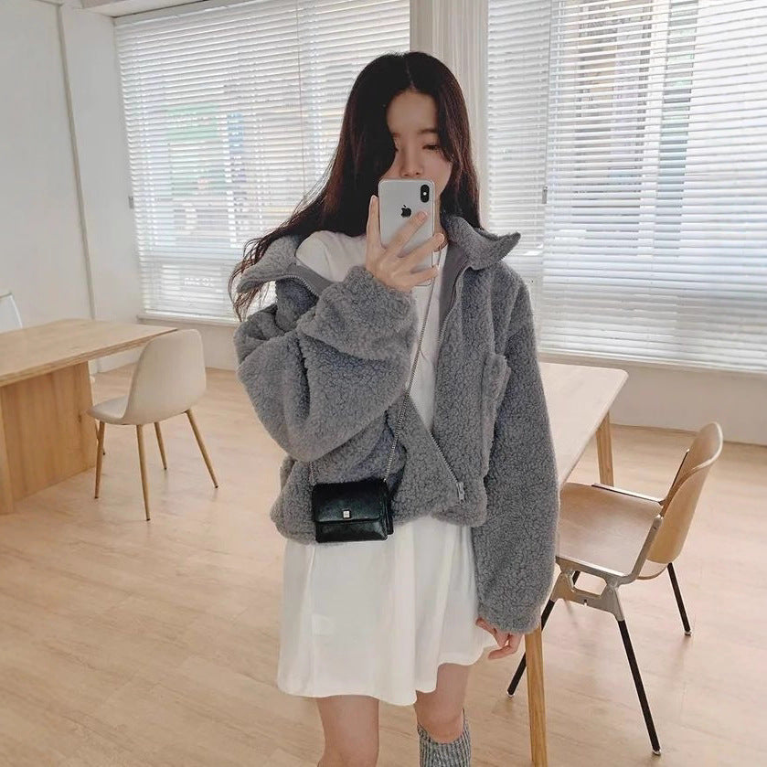 Vintage Semi-high Collar Versatile Thickened Warm Lambswool Coat For Women