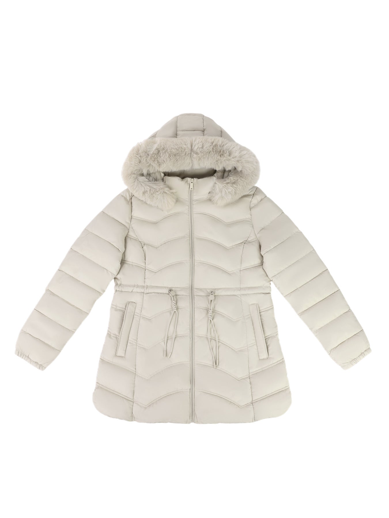 Women's Coat With Detachable Fur-trimmed Hood And A Cinched Waist For A Slimming Fit