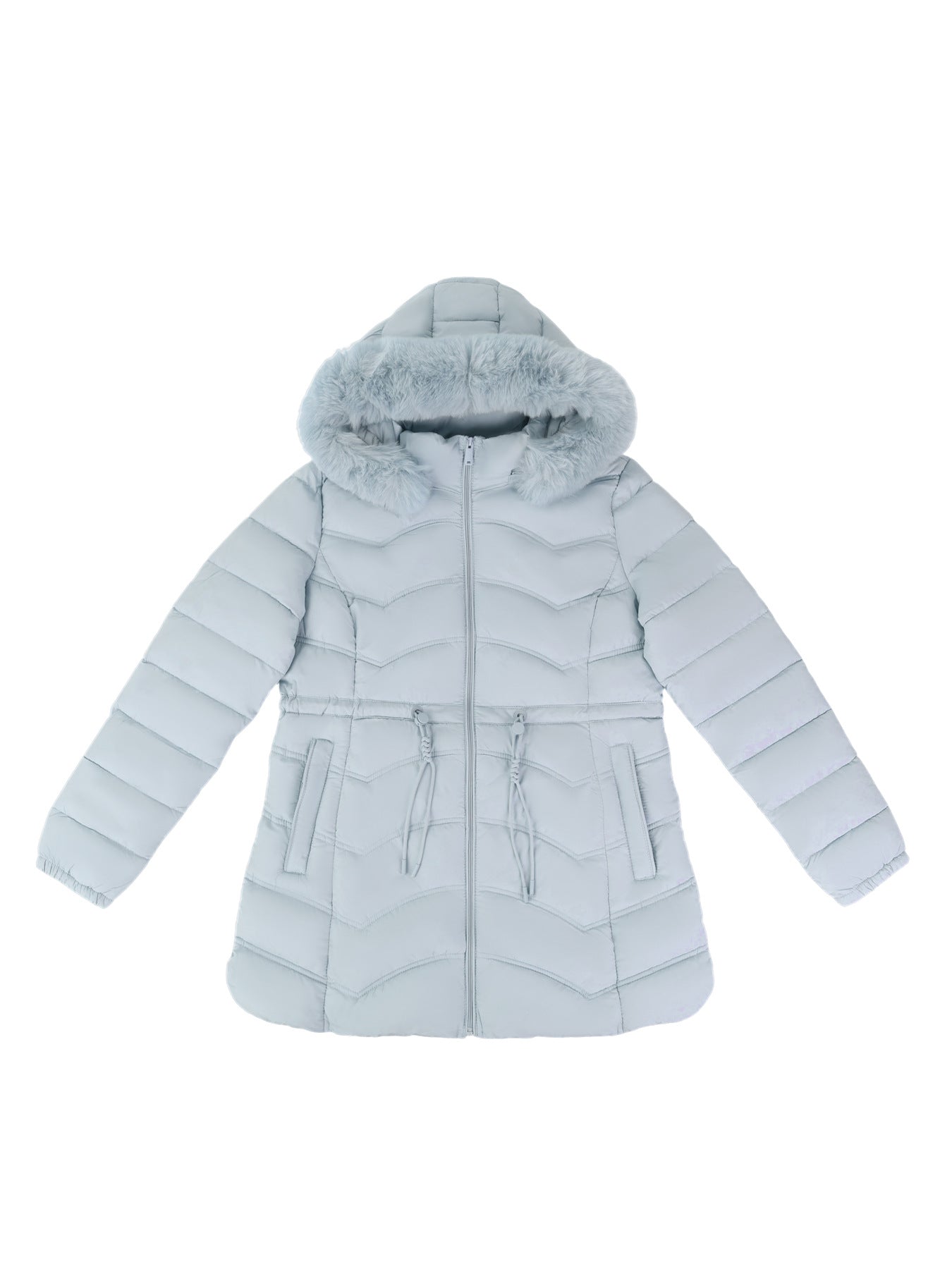 Women's Coat With Detachable Fur-trimmed Hood And A Cinched Waist For A Slimming Fit